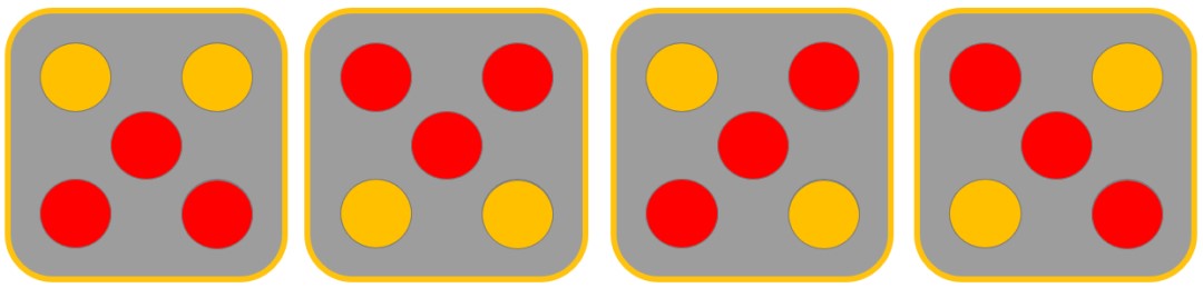 four dice each with 5 dots, showing composition of 3 an 2, but with different patterns on each